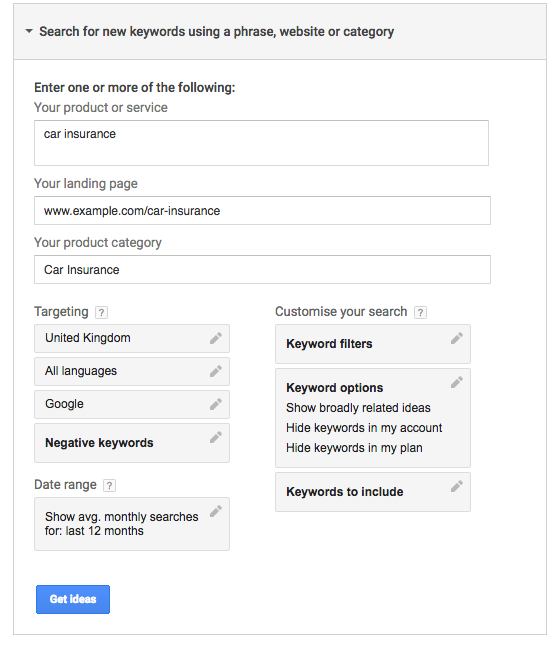 Search for negative keywords in Google AdWords Keyword Planner