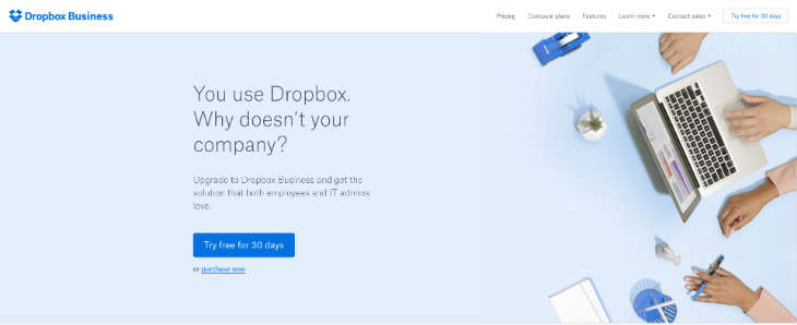 A screenshot of the Dropbox Business website