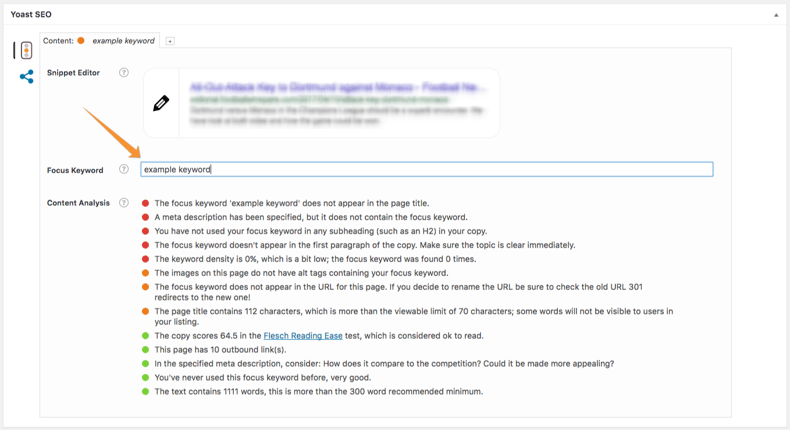 Adding a focus keyword in WordPress' Yoast SEO plugin