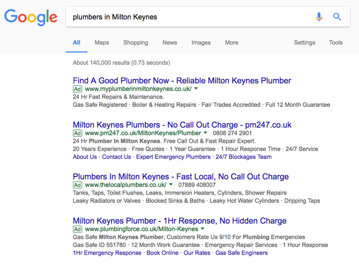 Example of paid search results