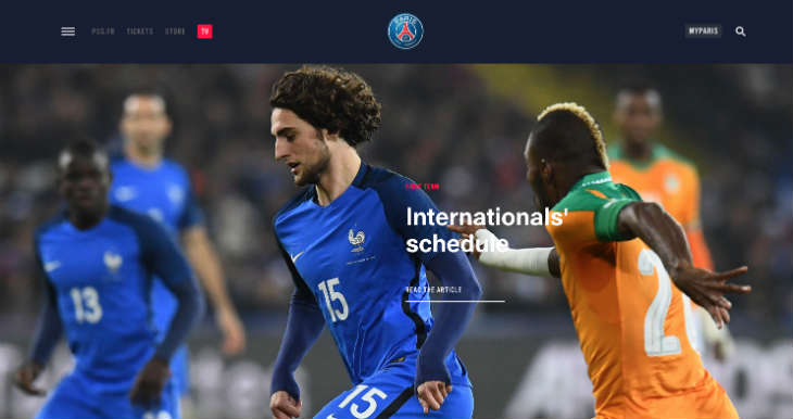 A screenshot of Paris Saint-Germain's website