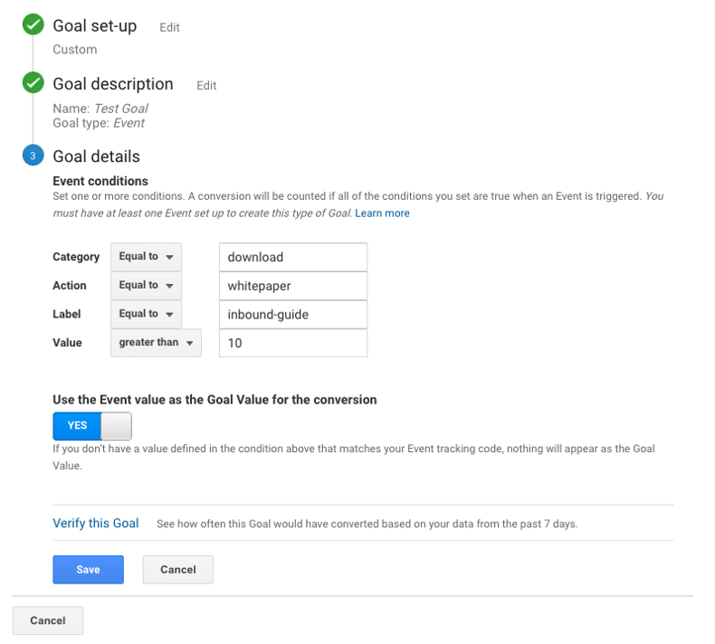 Google Analytics Event Goal set up