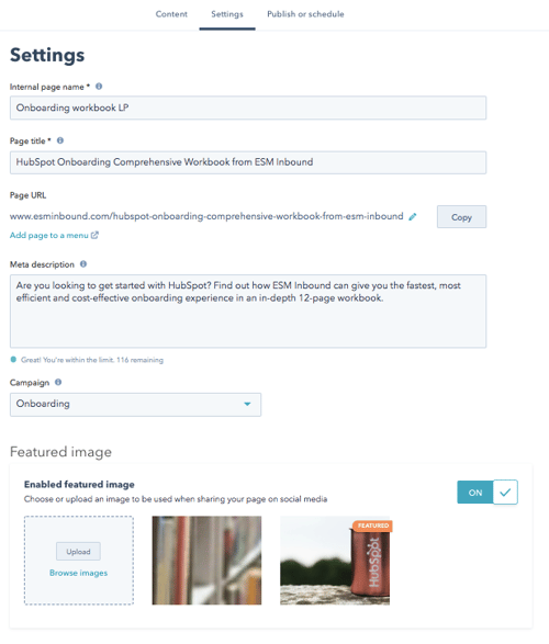 Settings for landing page in HubSpot