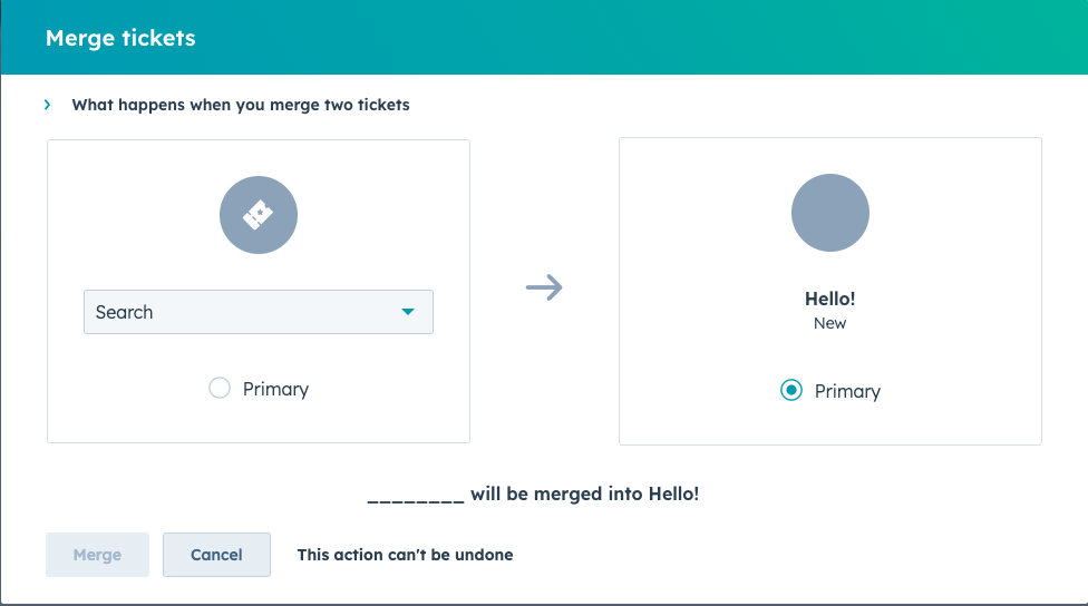 Users are presented with the same merge interface they're accustomed to from the ticket screen.