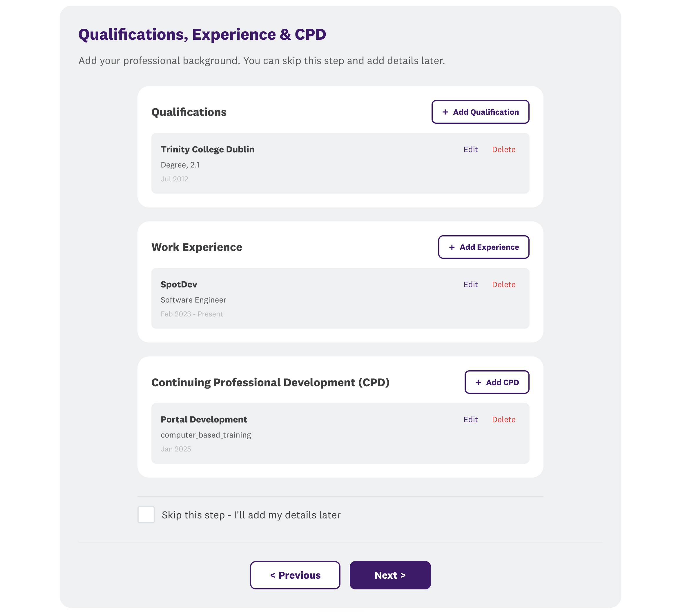 L&DI qualifications and CPD portal screen