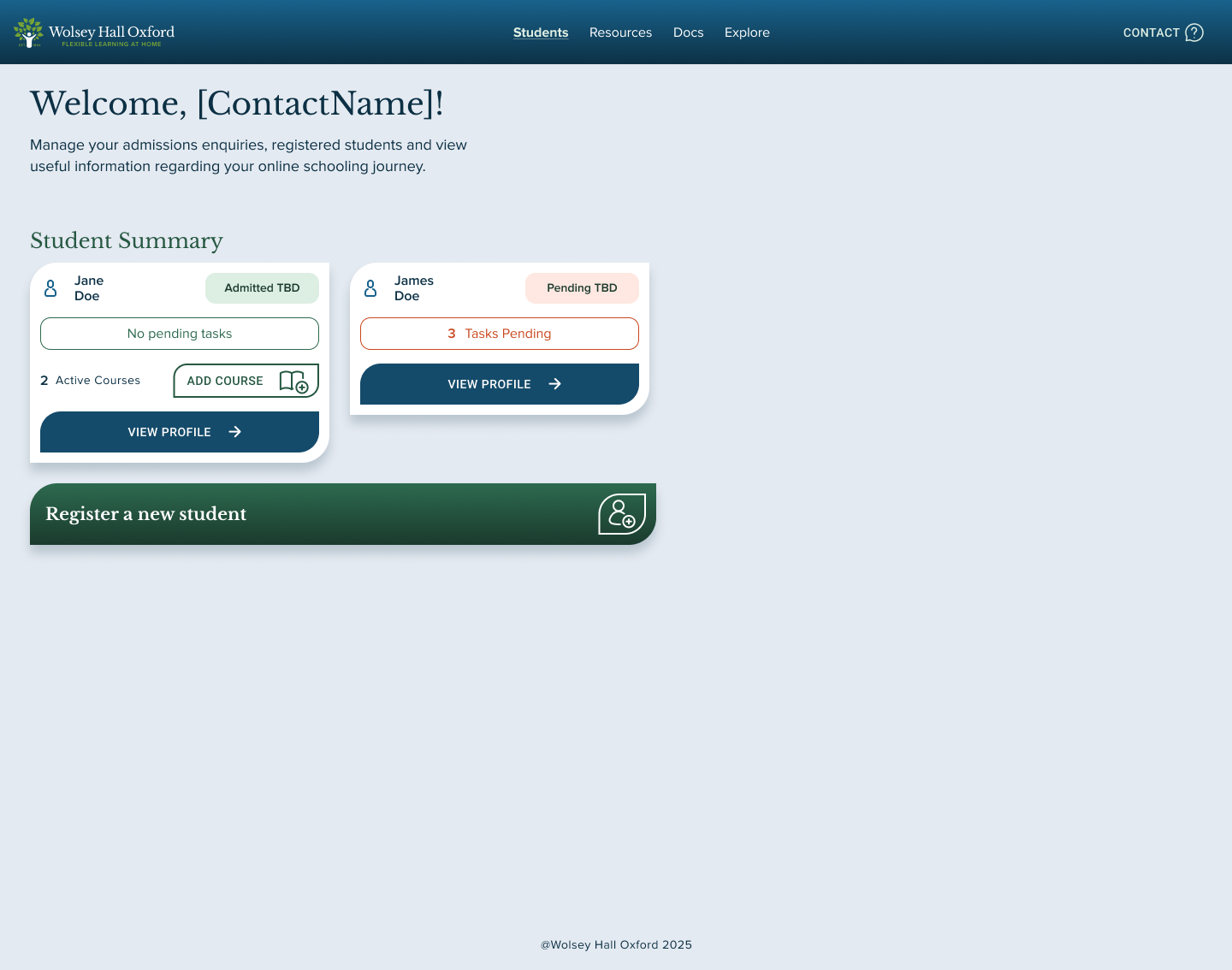 Wolsey Hall Oxford student summary portal screen