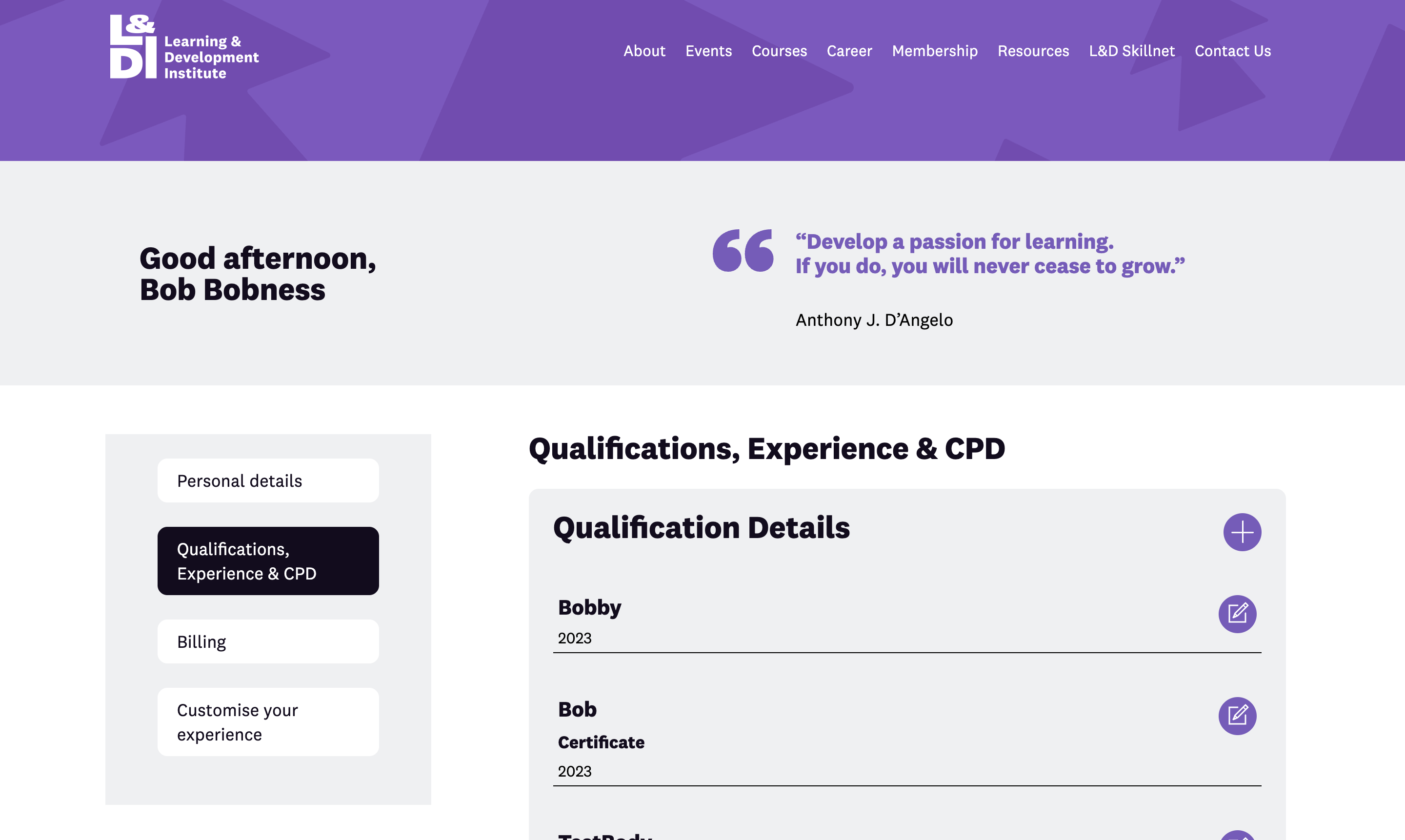L&D Institute membership qualification management portal