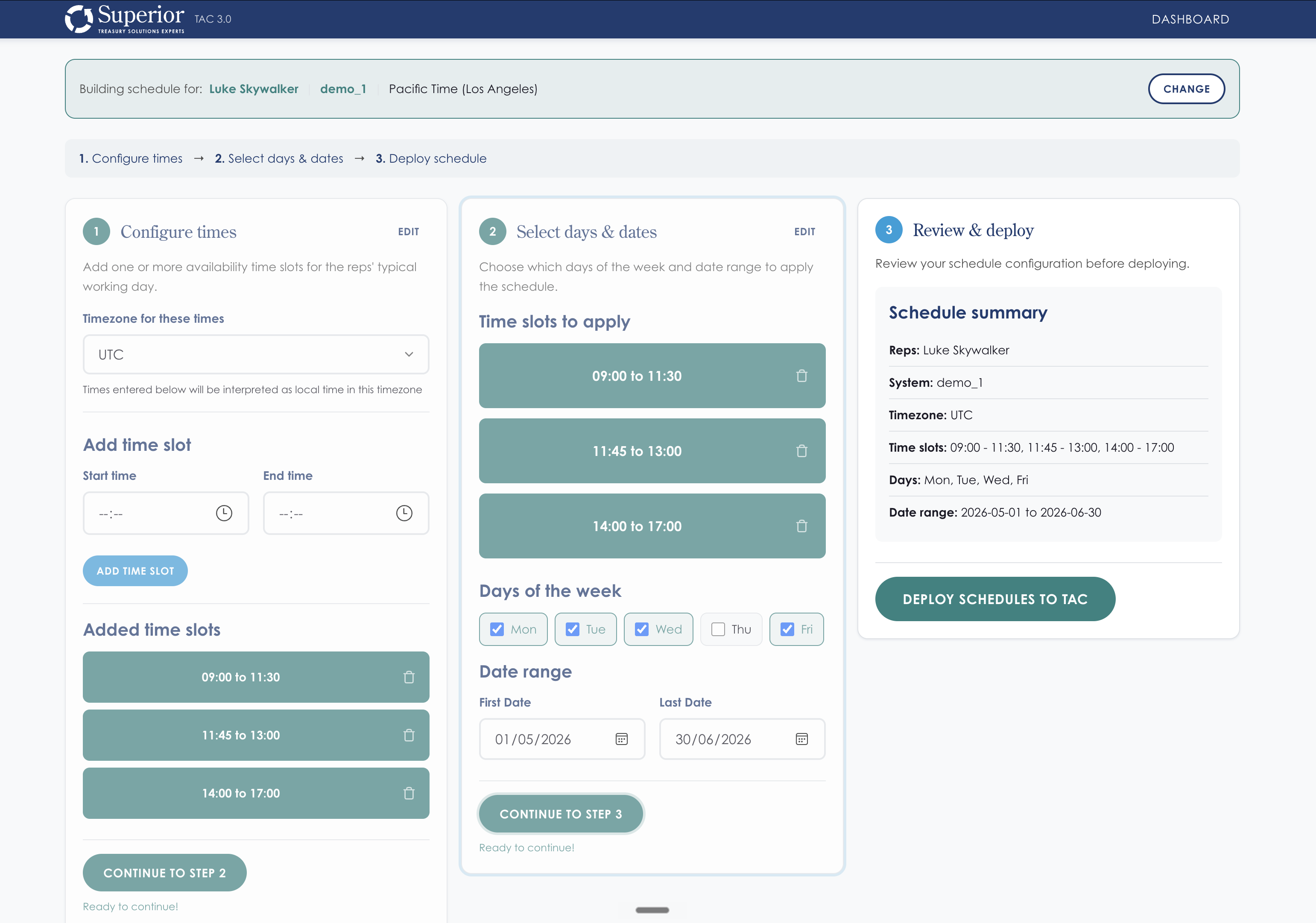 Superior TAC scheduling portal screen