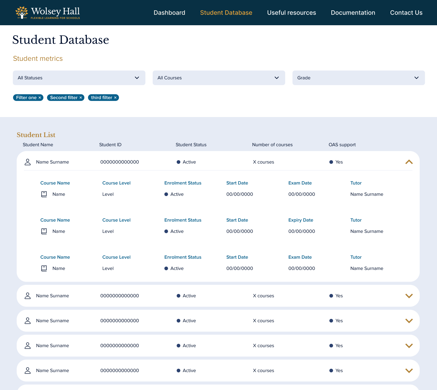 Wolsey Hall for Schools student database portal screen
