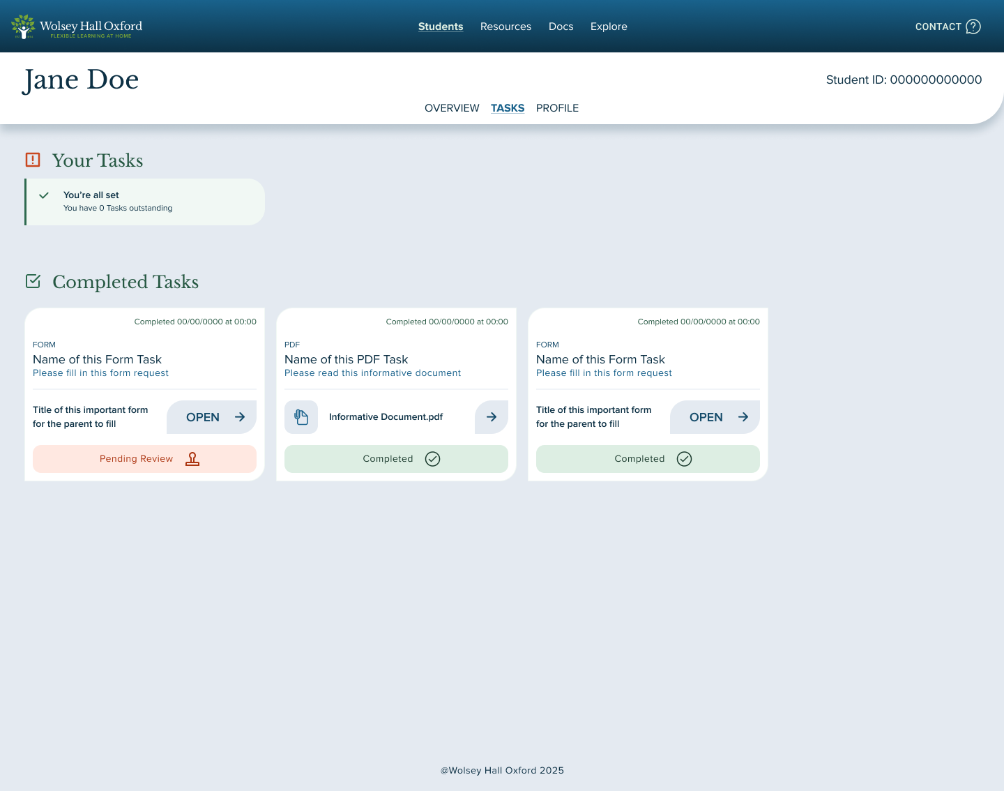 Wolsey Hall Oxford tasks portal screen
